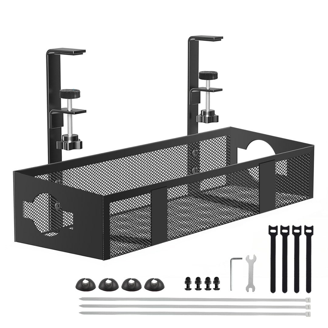 Kabelmanagement-Ablage Unter dem Schreibtisch- Ohne Bohren, Stützmetallstange hinzufügen - Büro und Zuhause - Keine Schäden am Tisch (Black, 42cm)