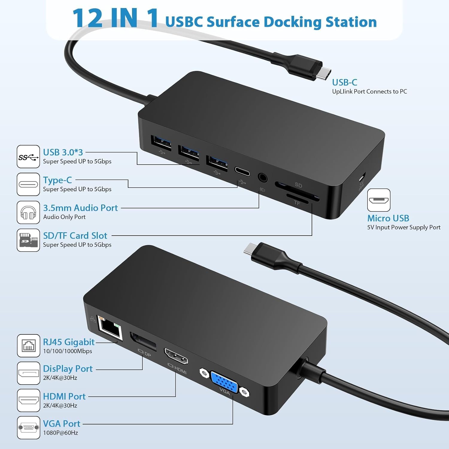 Microsoft USB-C Surface Dock Triple Display (4K DP+HDMI+VGA), 12 w 1-USB-C-Surface-Pro stacja dokująca z Gigabit Ethernet, wyświetlacz 4K HDMI-VGA-DP, 3 x USB 3.0, wyjście audio, 100 W PD, gniazdo