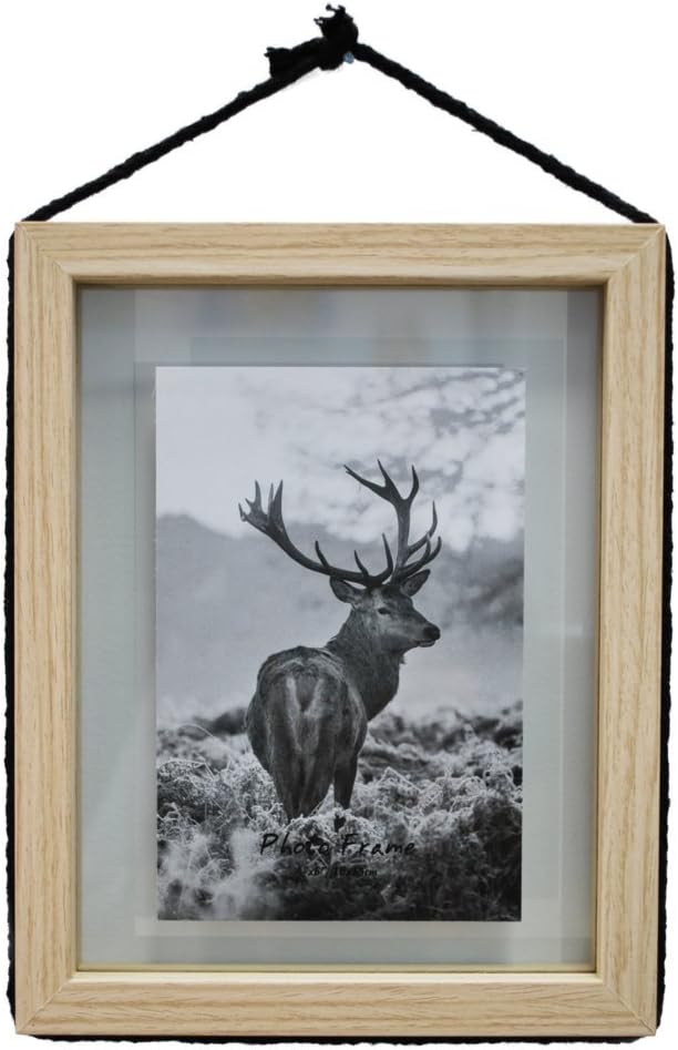 Momentum Home 7x8.5 Floating Picture Frame - Made to Fit 4x6 inch Photo - Natural Wood Color Frame with Black Rope
