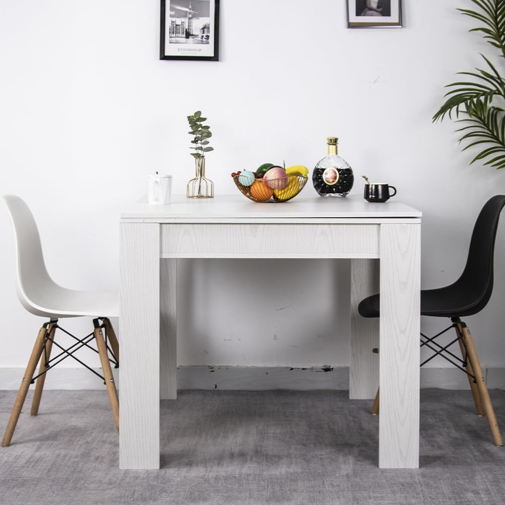 BAKAJI Tavolo Quadrato Allungabile 90x90 cm, Apertura a Libro, Design Moderno Ribaltabile, Apribile 4-8 Posti, Ideale per Sala Pranzo, Soggiorno, Cucina, Arredamento Interno (Bianco Frassinato)