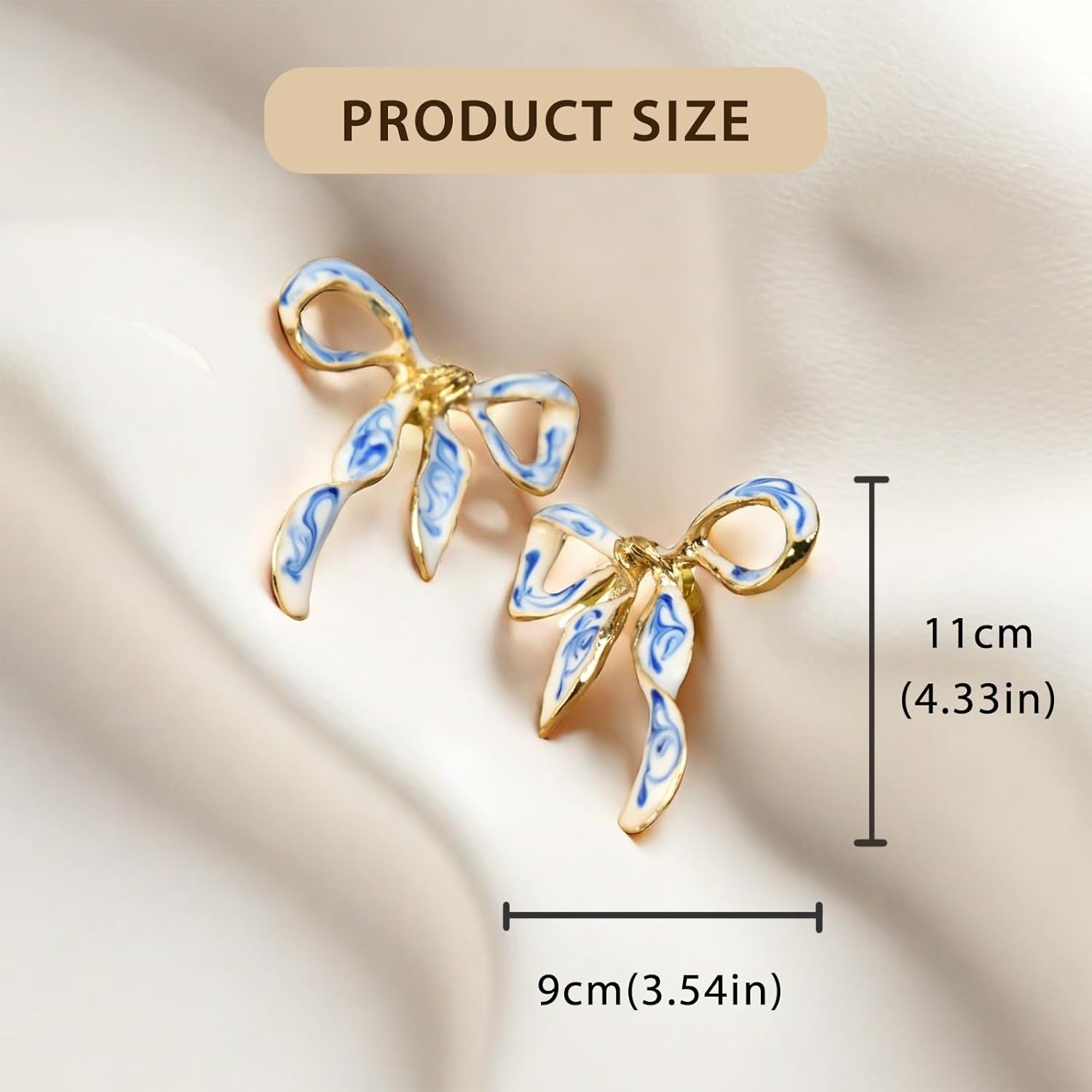 Enamel Bow Earrings for Women – 18K Gold Plated Blue and White Porcelain Jewelry, Elegant Ribbon Stud Earrings Gift for Birthday, Anniversary, or Wedding - Image 2