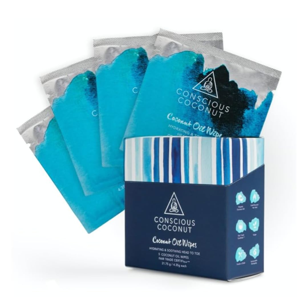 Coconut Oil Face & Body Wipes – Single-Ingredient Skin Care, Individually Wrapped | Conscious Coconut (5 Count)