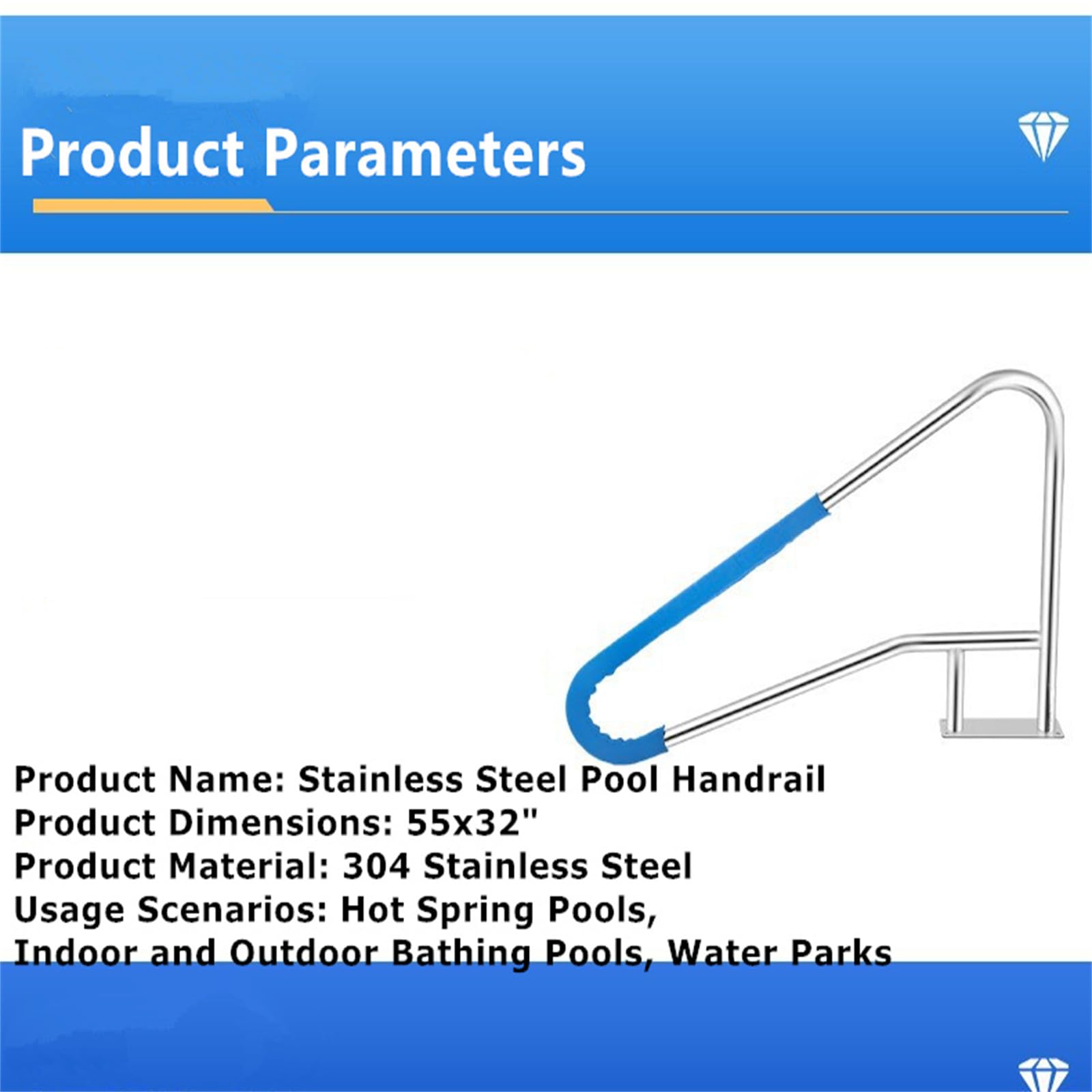 Heavy Duty Stainless Steel Pool Handrail 55x32 cal z antypoślizgową niebieską osłoną, odporna na rdzę szyna bezpieczeństwa do basenów inground, łatwa instalacja na betonie lub pokładzie, obsługuje do