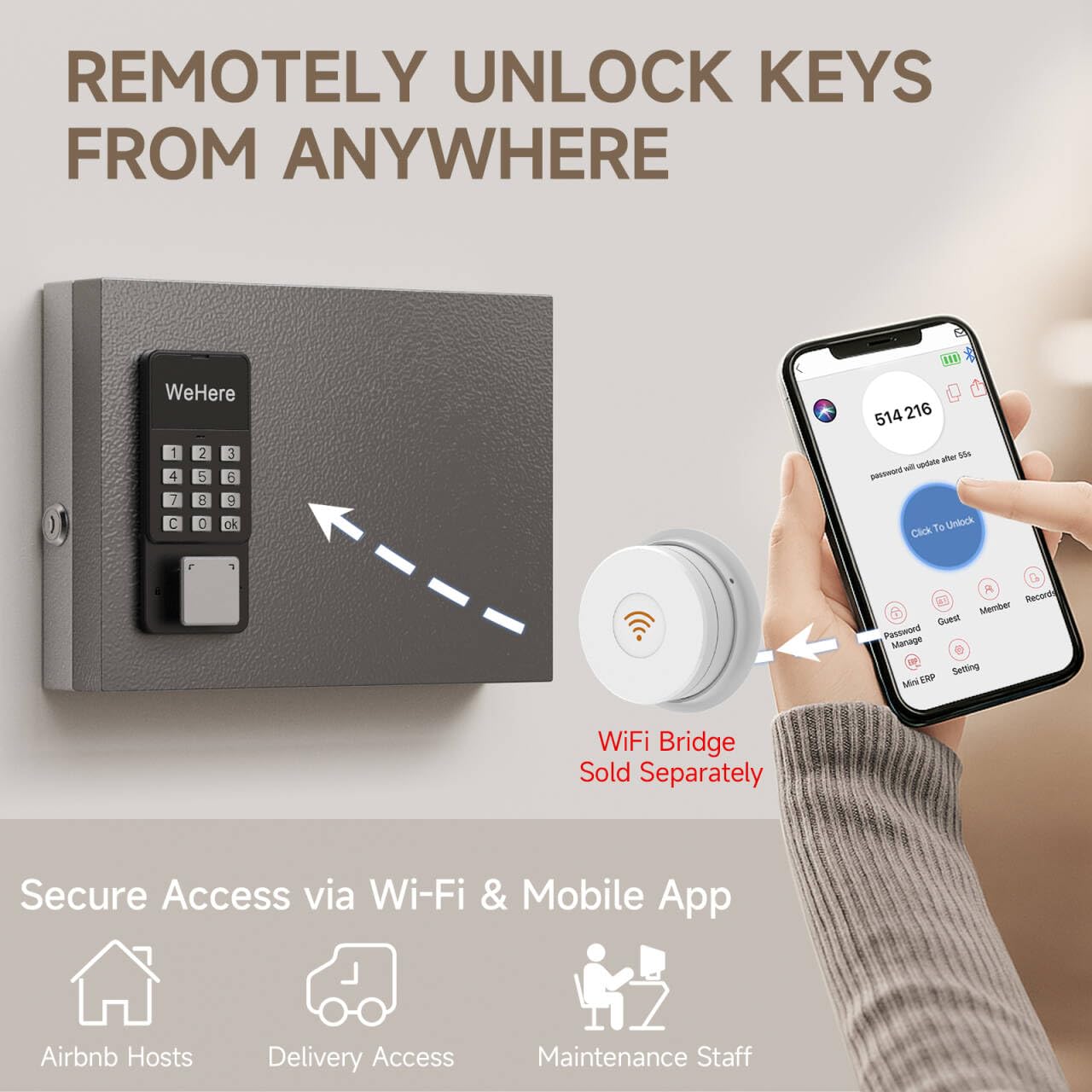 WeHere Schlüsselschloss Box Wandhalterung, 16 Schlüssel Schrank mit Smart Lock, Sicherheitsschlüssel Aufbewahrungsbox mit Zahlenschloss & Tags, OTP/APP/Fixed Code Unlock, Key Management System für