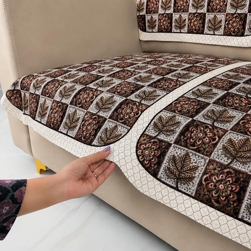 Image of Homerz Premium 'Maharaja Paradise Series' Sofa Cover | Net Fabric Sofa Cover | Washable, Anti-Dust Backed & Wrinkle Resistant Cover (Leafy Checks, 2 Seater, Seat Cover with Backrest)