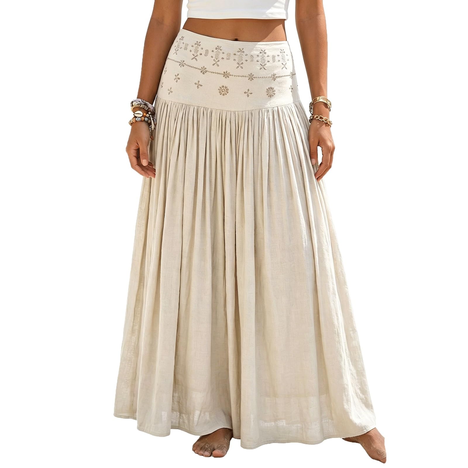 UYHBCNQD Women's Maxi Skirts Solid Color Midi Long Skirt Rhinestone Decor(Apricot,Lagre)