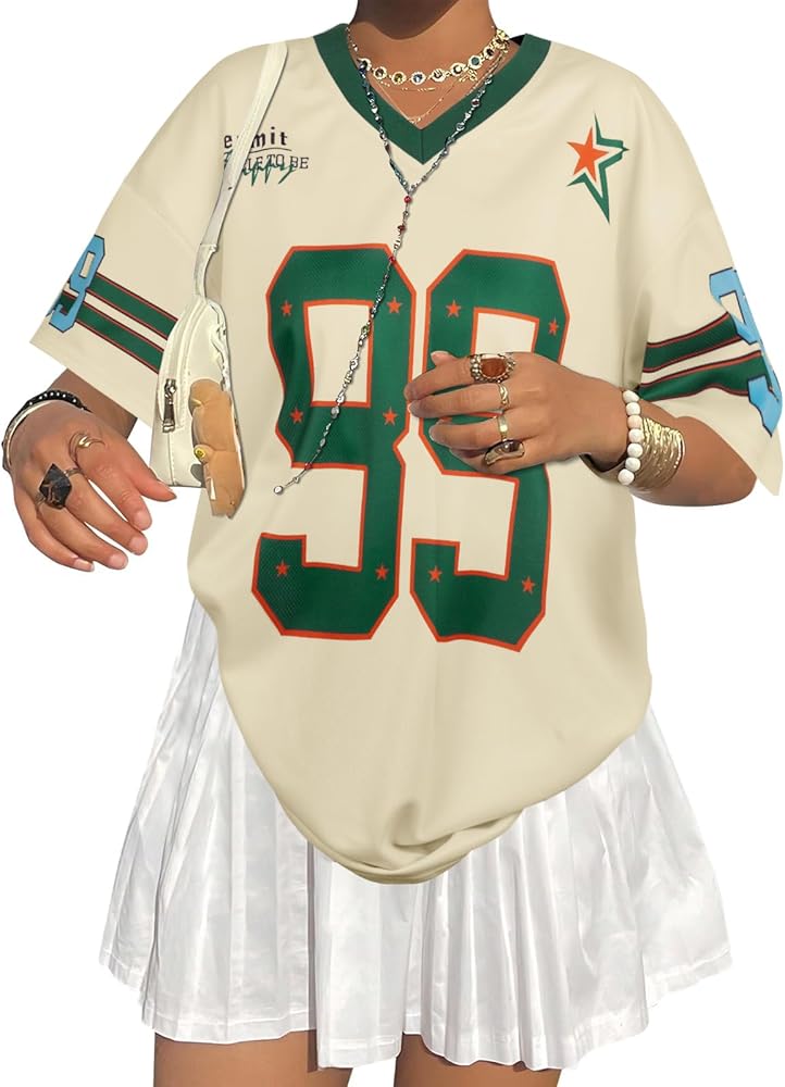 Oversized Y2k Jersey Shirts for Women V Neck Number Graphic Tees