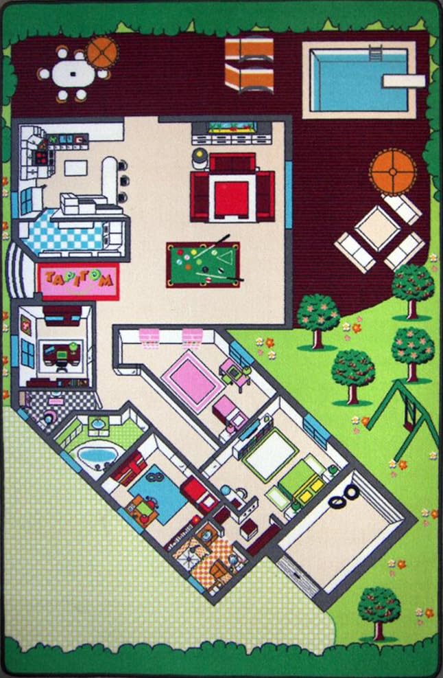 Tapis enfant plan de maison grand tapis anti-glisse sécurisé avec ourlet pour chambre