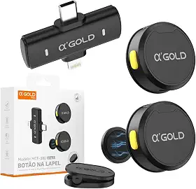 Microfone de Lapela Sem Fio Bluetooth Kit 2 Microfonones Abafamento de Ruído Até 10 Horas Tempo de Trabalho Compatível com Camera, iPhone, Android, PC - Conexão Android e USB-C - Linha AGold Premium