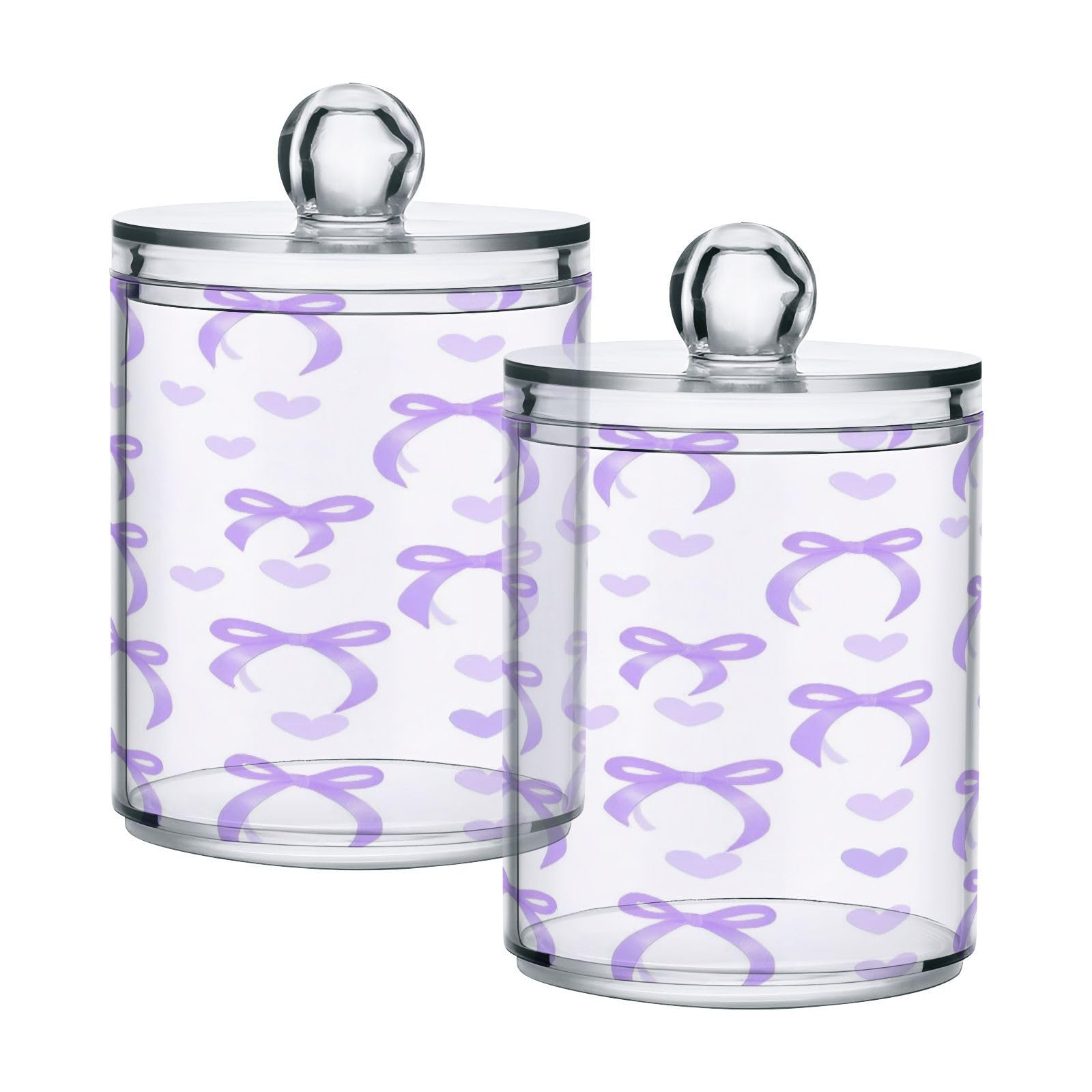 Haskirky 2 Pack Purple Bow Love Qtip Holder Dispenser,Clear Plastic Apothecary Jars with Lids Home Decor Kitchen Storage Jar for Cotton Ball, Cotton Swab,Floss,10 OZ