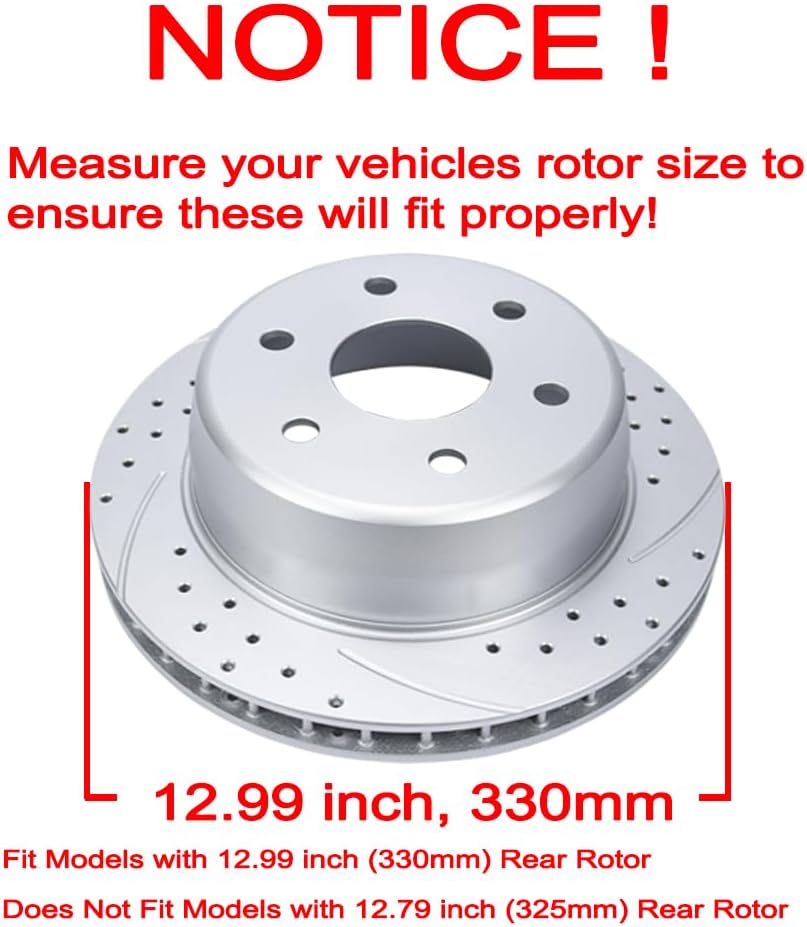 Rear (12.99”, 330mm) Brake Kit Fit for Chevrolet Avalanche Silverado Suburban 1500 Tahoe Cadillac Escalade ESV EXT GMC Sierra Yukon Drilled and Slotted Brake Rotors Ceramic Brake Pads