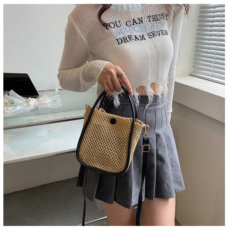 Fairycore Straw Bag Preppy Straw Beach Purse Bag Aesthetic Summer Crochet Beach Crossbody Bag Grunge Accessories (Black)2