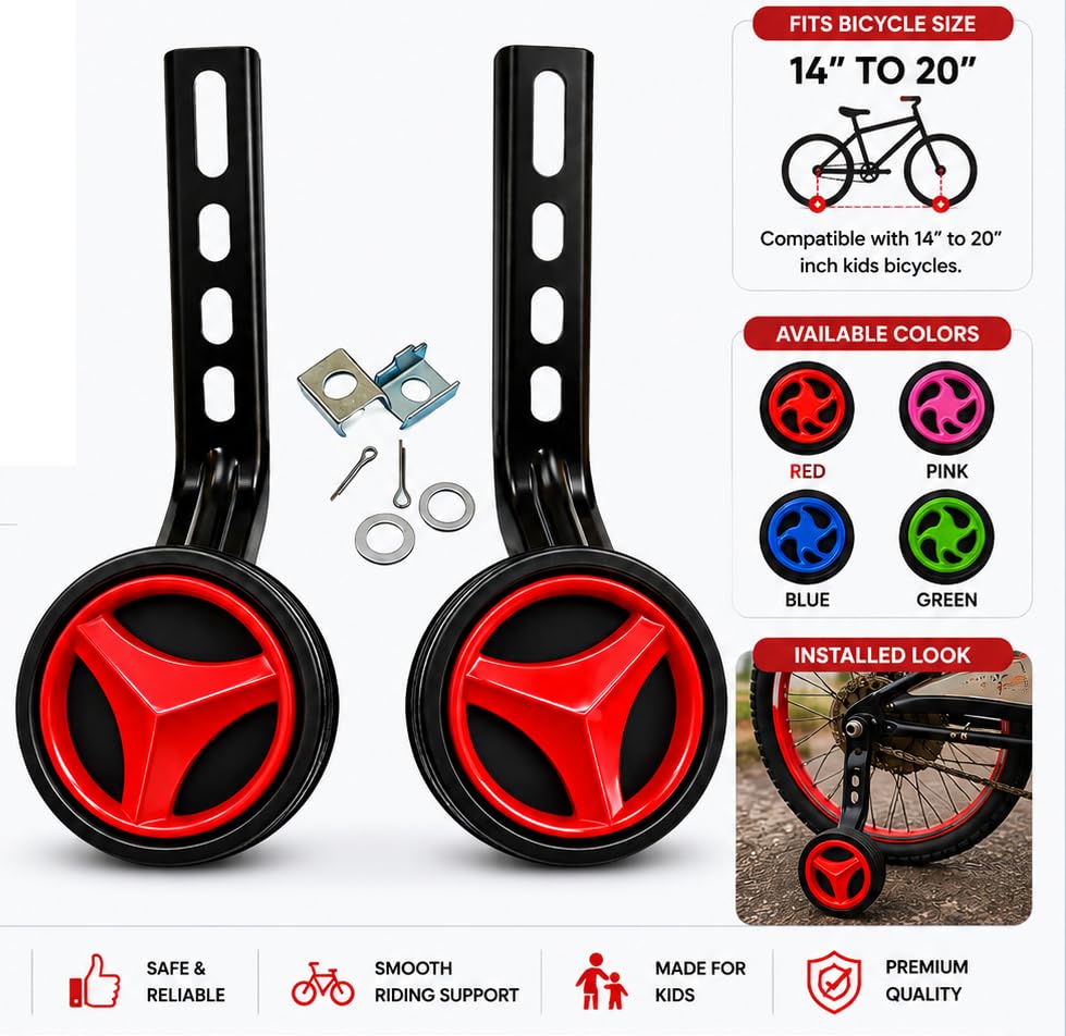 Image of Kids Cycle Side Support Training Wheels for 14 to 20 Inch Bicycles, with Mounting Hardware