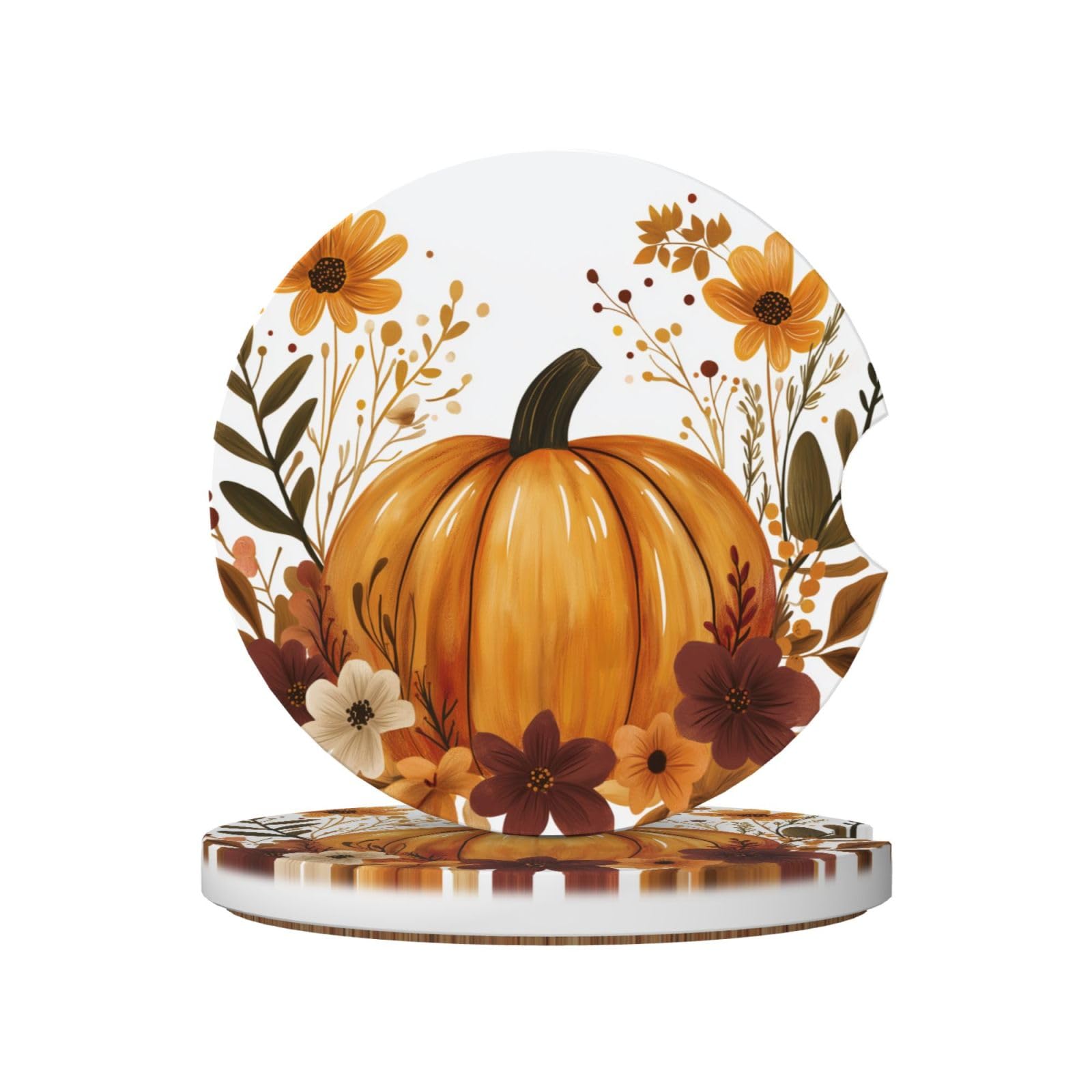 Pumpkin Whimsical Autumn Flowers Ceramic Coasters,2pcs