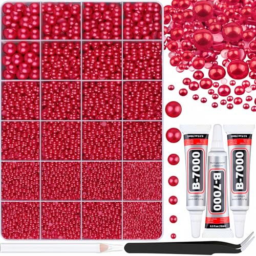 Image of 13000Pcs Flatback Pearls for Crafting (Red), Assorted Size 2 /3 /4 /5 /6 /8 /10mm Half Pearl with 3Pcs 10ml B7000 Jewelry Glue, Bedazzling Bead for DIY Crafts Clothing Tumbler Shoes Embellishment Nail Art
