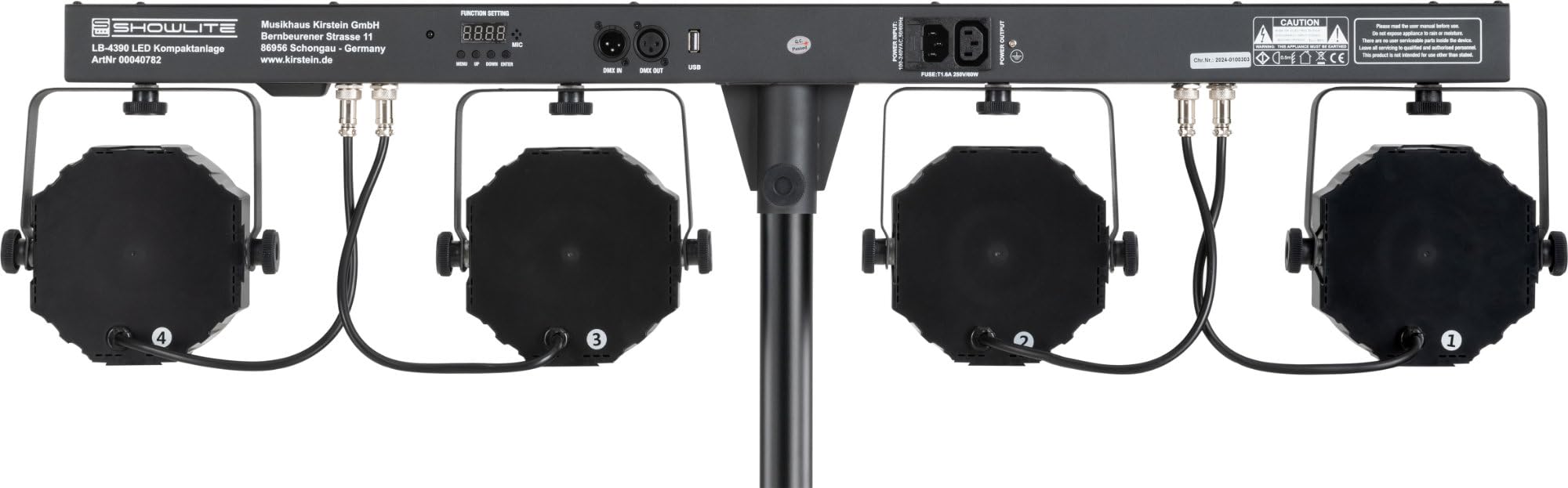 Showlite LB-4390 Sistema Completo LED RGB, con Pedale Wireless (Tri-LED PAR Spots, Strobe Spot bianchi, DMX512, Pedale Wireless, Display LCD, Microfono, T-Bar, Statore, Borse)