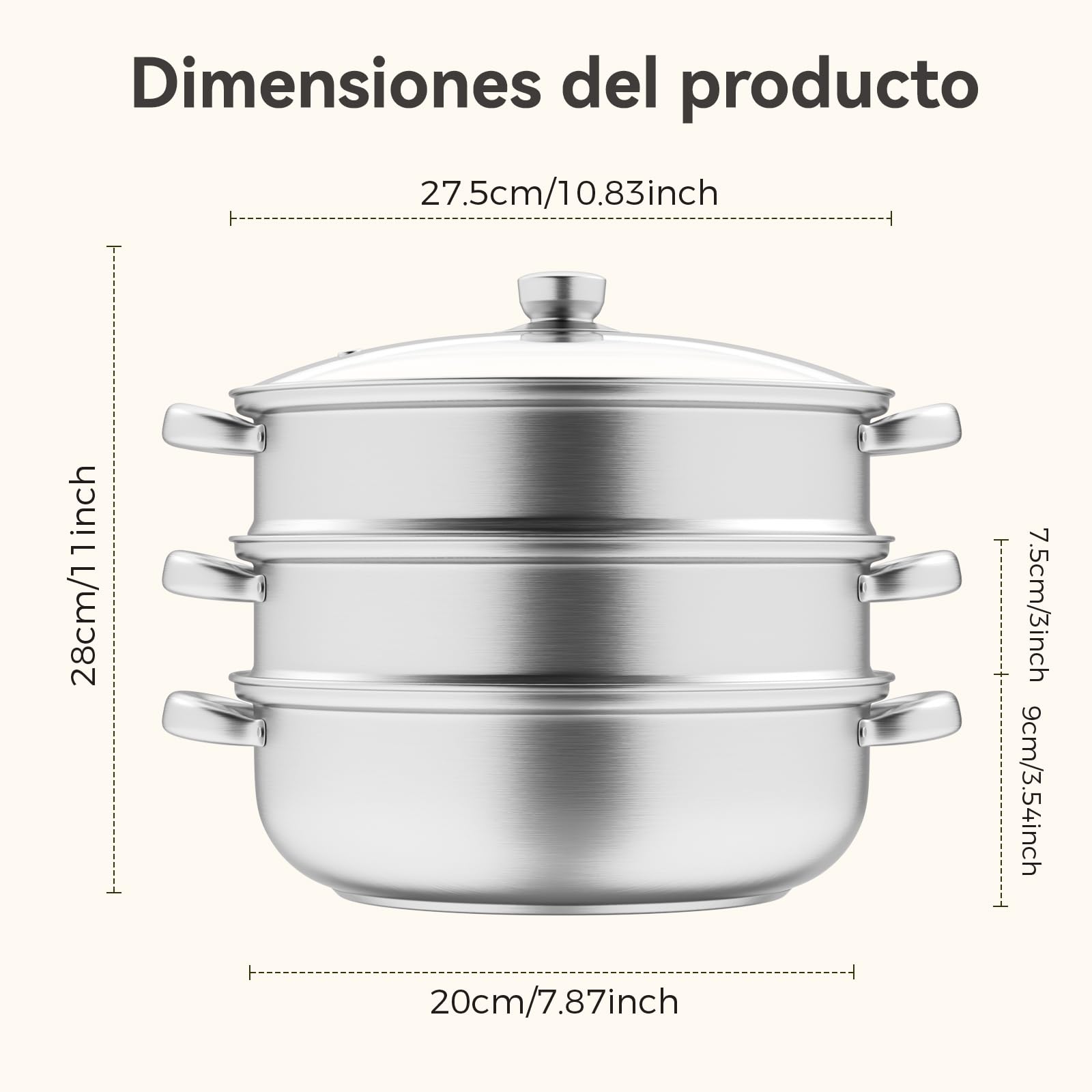 Vaporera de acero inoxidable de 28 cm con cesta vaporera, batería de cocina de 3/4/5 niveles con tapa para cocinar verduras, mariscos, sopas, guisos y pastas (4)