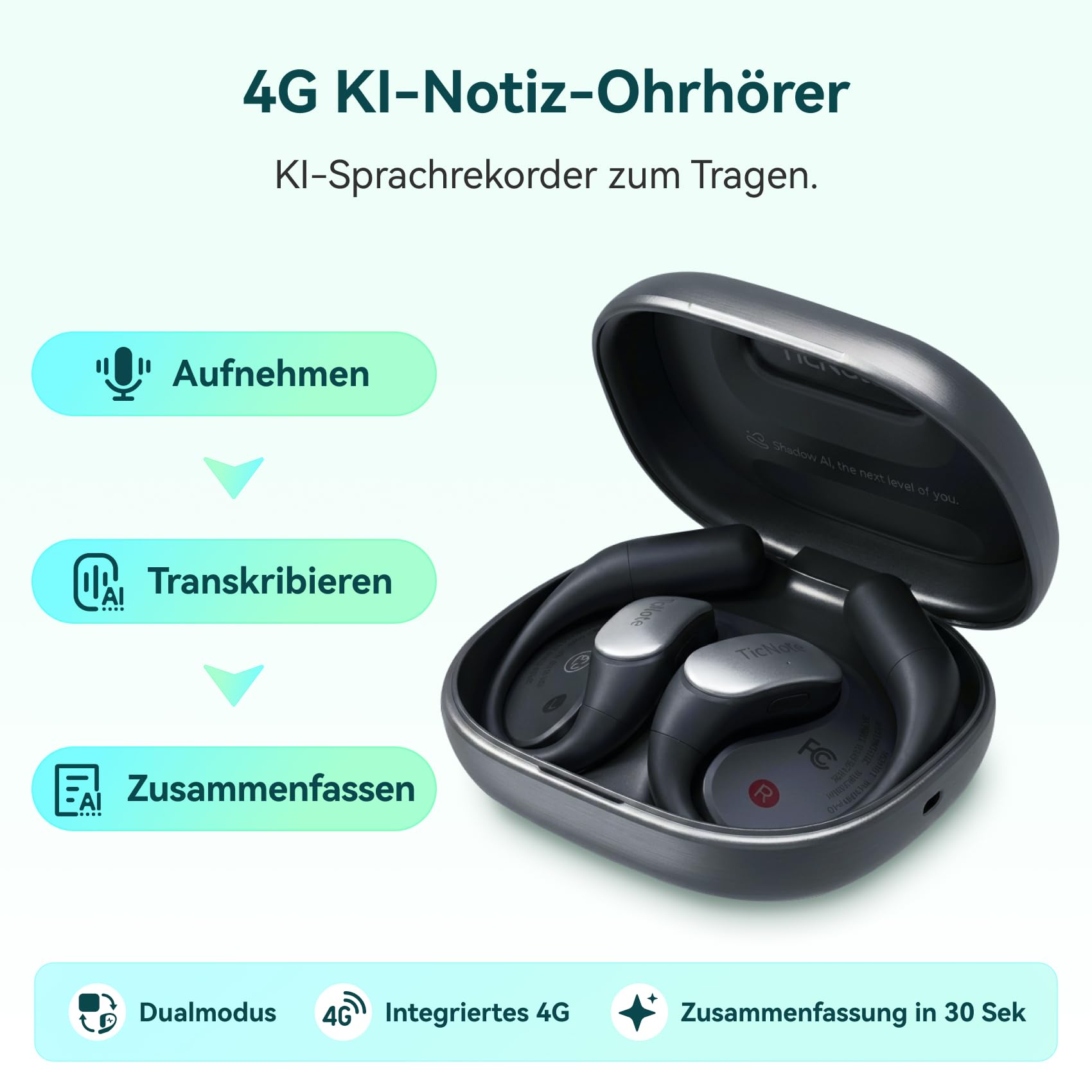 Mobvoi TicNote Pods Wearable KI-Sprachrekorder, 4G integriert – Aufnahme & Cloud-Sync ohne Smartphone, Sprachaktiviertes Aufnahmegerät, Transkription & Meeting-Notizen, über 120 Sprachen, 5h Akku