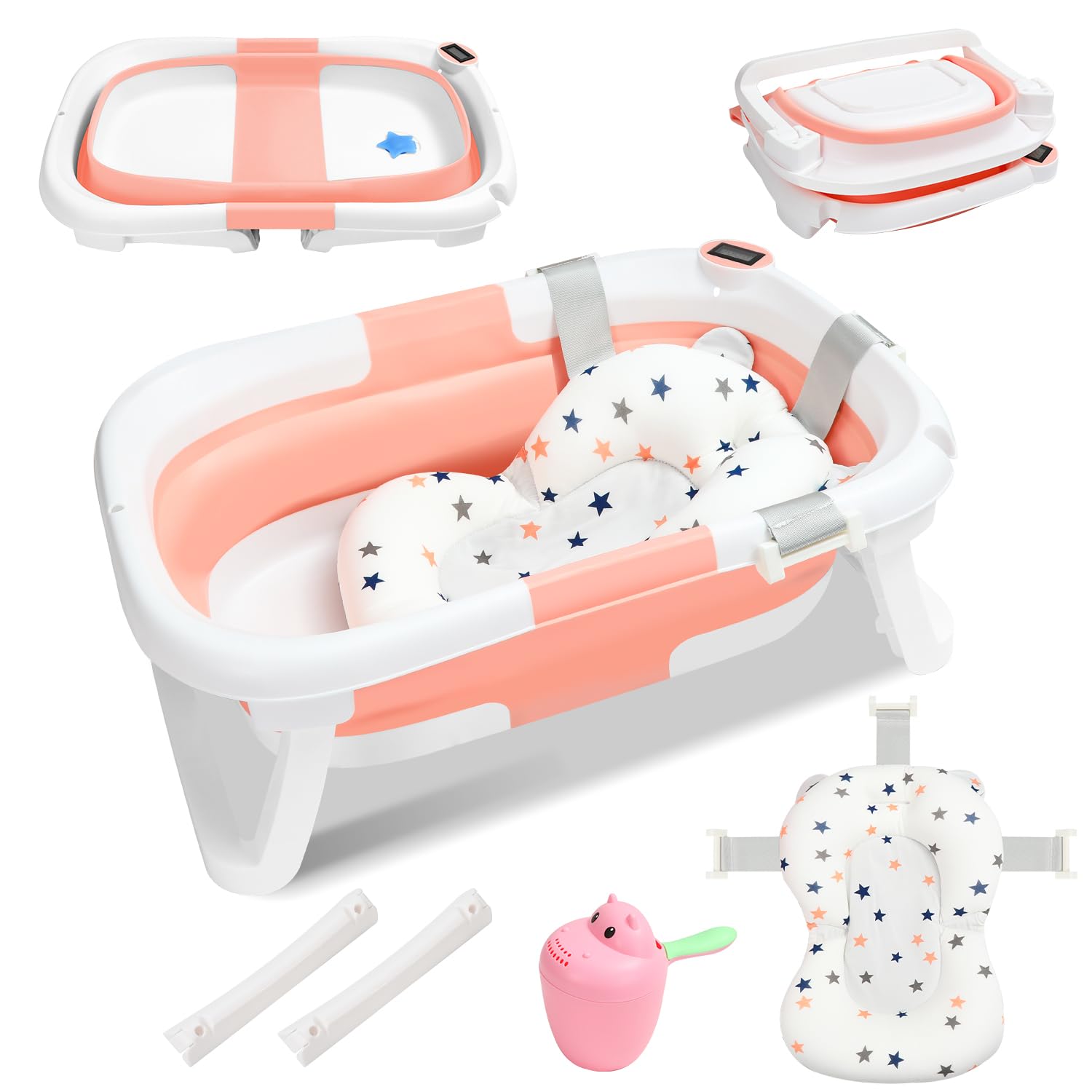 Ansobea Baby Badewanne mit Integriertem Thermometer, Faltbare Babybadewanne mit Rutschfestem Ständer, Baby Wanne mit Badematte, Badewanneneinsatz Baby für Neugeborene Kleinkinder, Rosa