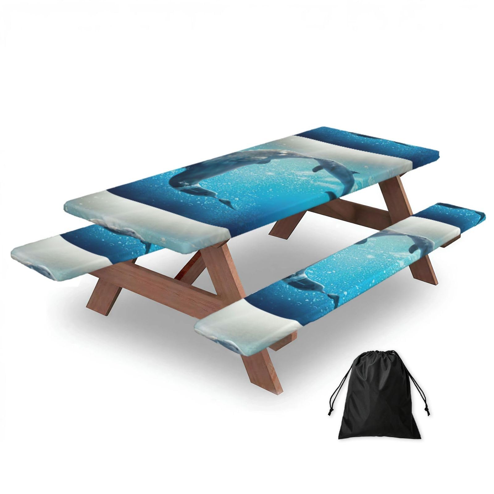 Yqxwjl Black Winter The Dolphin Print Camping Essentials Waterproof Camping Table And Bench Cover With Drawstring Bag 183 Cm
