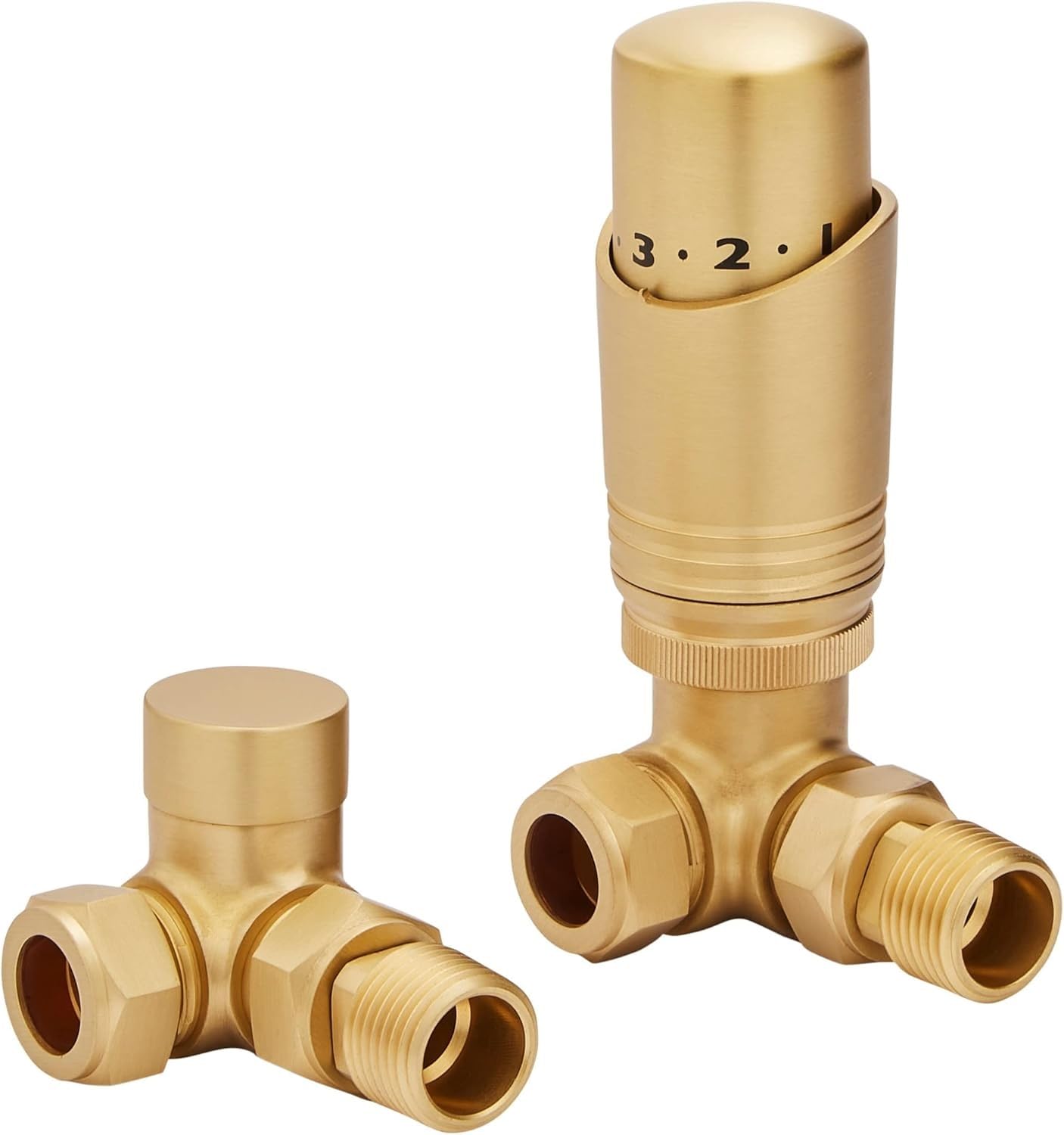 Team Controls Brushed Brass Corner Thermostatic Radiator Valves & Lockshield 15mm Pack Set KT, 15mm x 1/2''