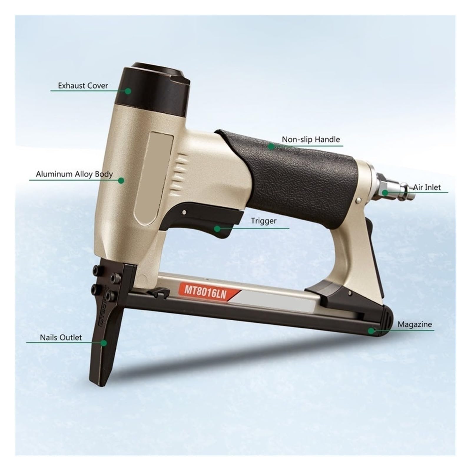 Pistola sparapunti pneumatica senza olio Cucitrice pneumatica sottile MT8016L Cucitrice pneumatica a becco lungo