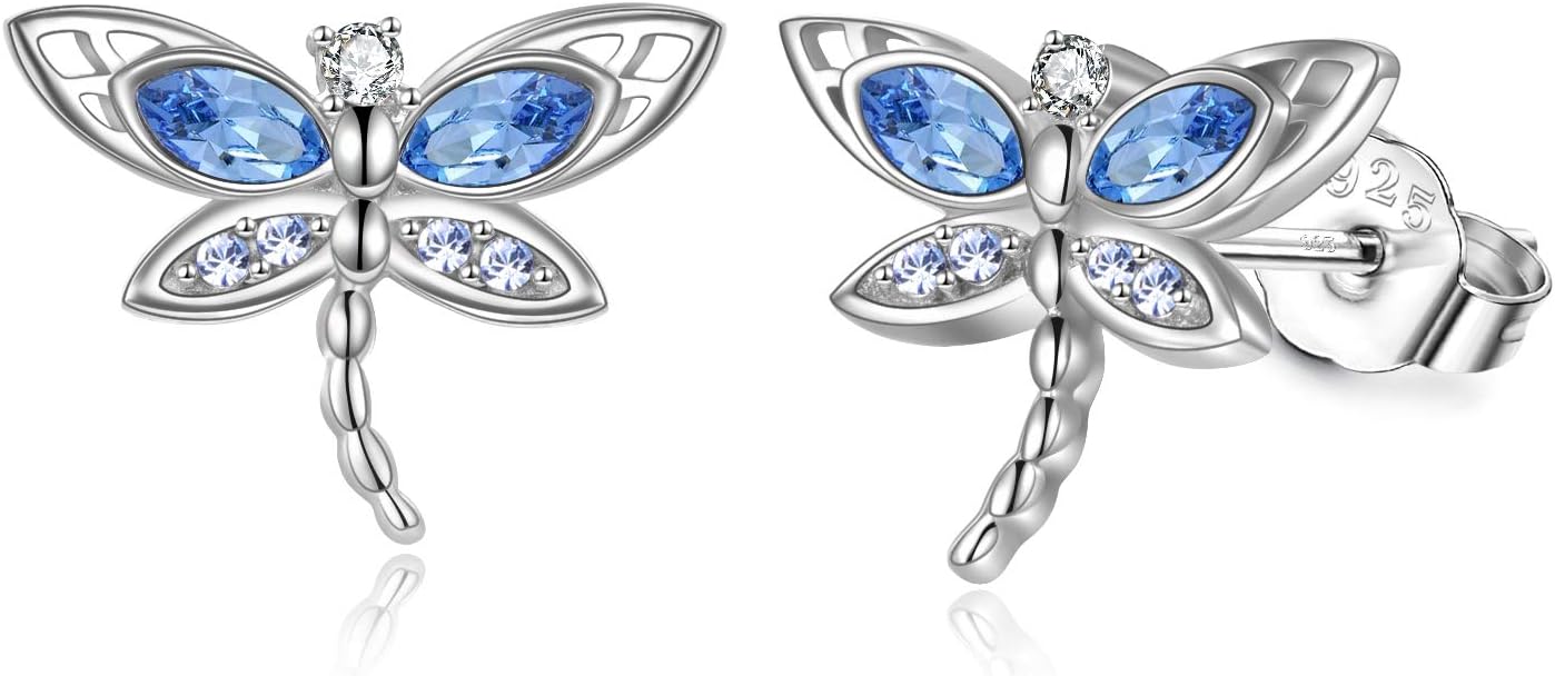 AOBOCO Dragonfly Earrings Studs with Crystal Sterling Silver Dragonflies Jewelry Gifts for Women Birthday Christmas Gifts