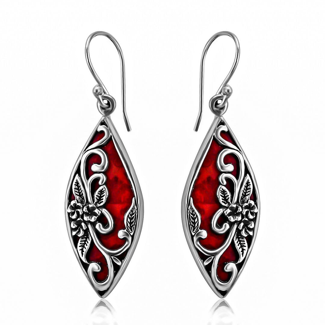 Red Coral Dangle Earrings for Women in 925 Sterling Silver - Dangling Drop Coral Earrings Handmade Birthstone Vintage Boho Jewelry Birthday Gifts for Women
