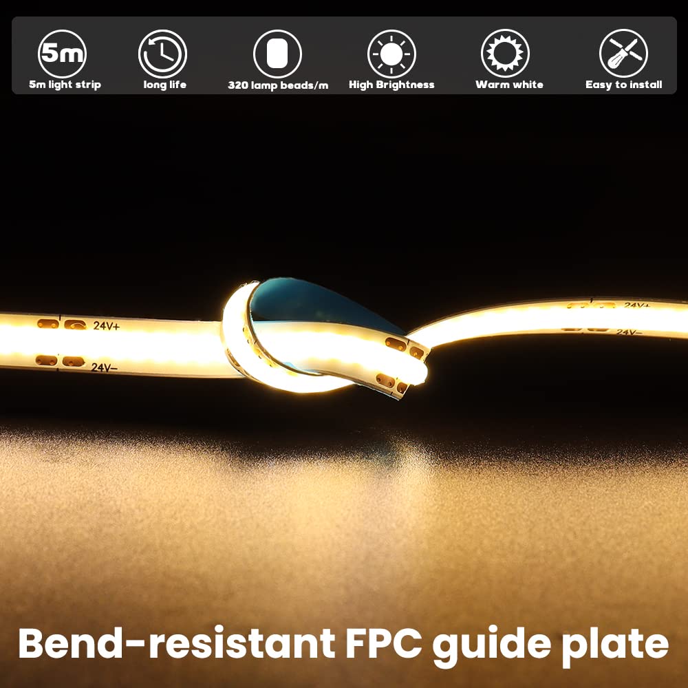 Arotelicht Taśma COB LED 5m Taśm LED 24V ciepła biała 3000K ściemnialna łańcuszek świetlny o wysokiej gęstości 320 LED/M z adapterem i ściemniaczem IP20 do sypialni kuchnia dekoracja wnętrz domu