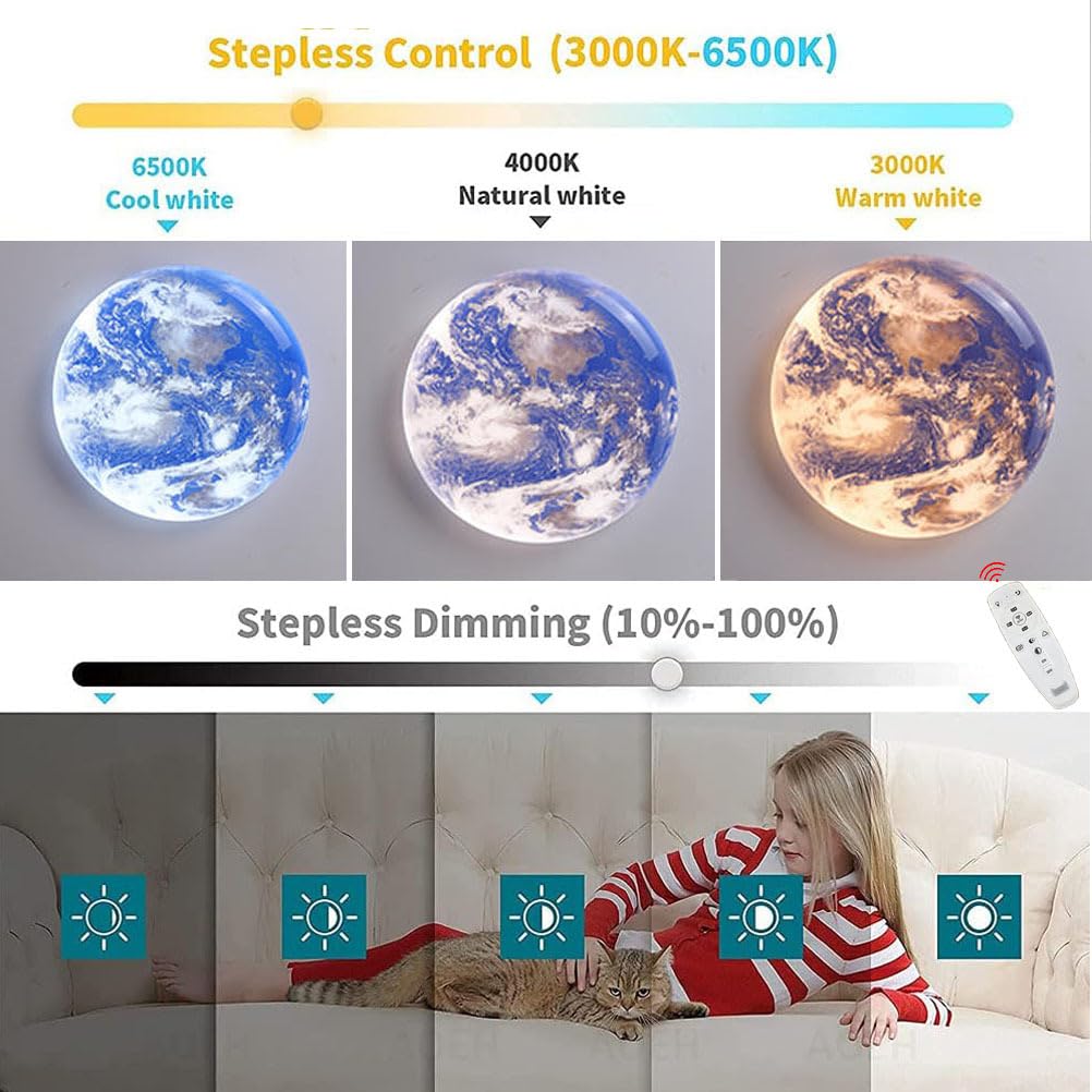 Lampa sufitowa LED Księżyc, nowoczesne wzornictwo, możliwość ściemniania, dekoracja ścienna 3D, motyw ziemi, z pilotem zdalnego sterowania, do sypialni lub salonu, 50 cm.