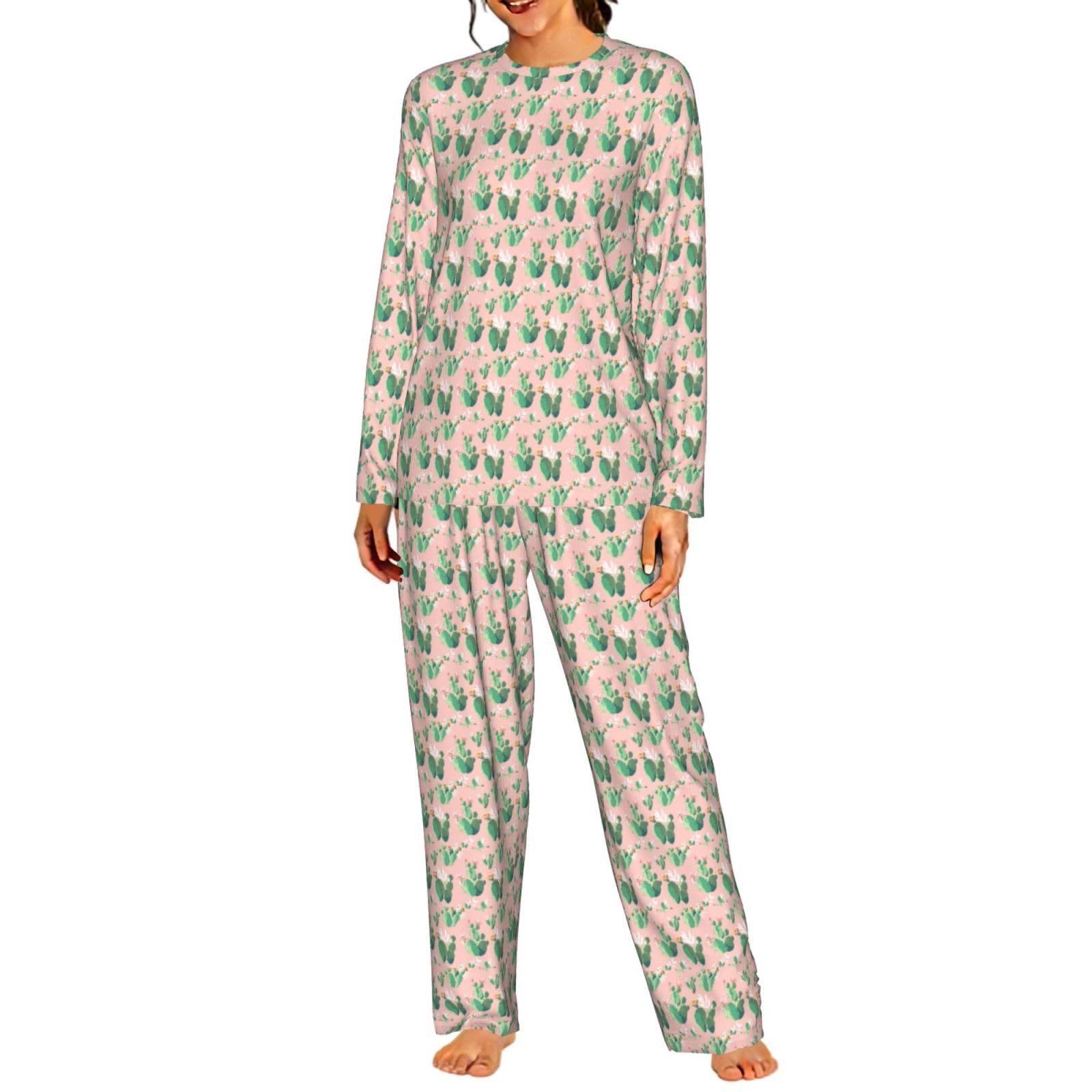 Pigiama da donna a maniche lunghe con stampa di cactus tropicali, morbido, da spiaggia, vacanze, biancheria da notte, regalo casual