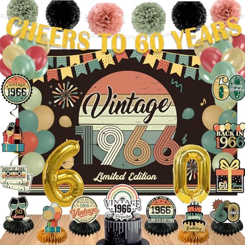 47Pcs 60th Birthday Decorations for Men Women PRE-STRUNG Vintage 1966 Banner Party Supplies Back in 1966 Backdrop Cake Topper Balloons 6Table Centerpieces Hanging Swirls Paper Pompoms PRE-ASSEMBLED
