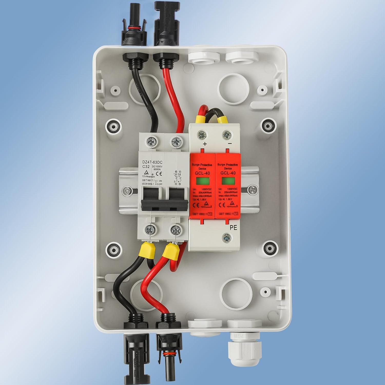 Protezione da sovratensione PV con scatola di collegamento fotovoltaico solare, interruttore di separazione TEOV DC 1000 V 32 A, 1 stringa, protezione da fulmini, scatola di distribuzione IP65, 4