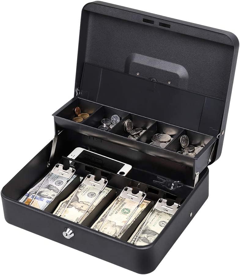 Upgrade Cash Box, Money Box - Tiered Coin Tray with Lid, 5 Compartment Cash Lock Box Storage and Security(12.5 x 9.7 x 3.6 Inches), Black
