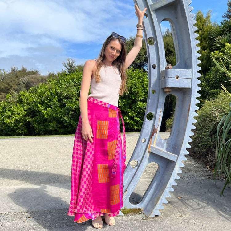 YILLE Boho Silk Sari Vintage Wraparound Long Skirt for Women Tie Waist Gypsy Double Layer Skirt with Multicolor Asymmetrical Free Size, Ethnic Fashion for Any Occasion and Casual Outings (Pack of 1)3