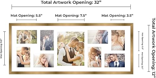 Miniatura 4 de Marcos de fotos modernos para decoración de pared, marco de collage de fotos con acabado de bronce dorado de 12 x 32 pulgadas con paspartú blanco