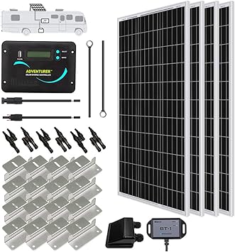 Renogy 400 Watts 12 Volts Monocrystalline Solar RV Kit Off-Grid Kit with Adventurer 30A PWM LCD Charge Controller + أقواس التركيب + موصلات الذكور والإناث + الكابلات الشمسية +