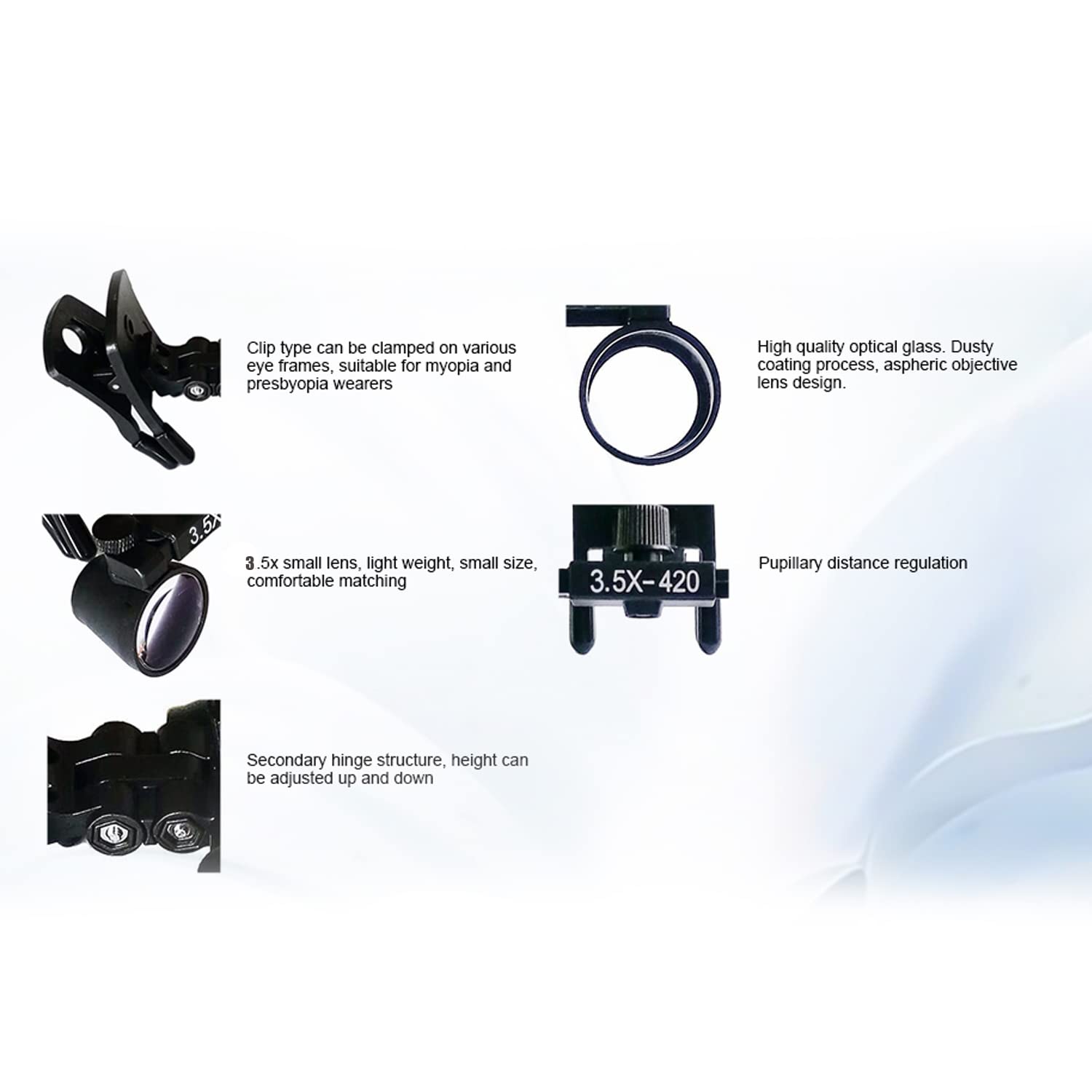 Lupa Binocular de 3,5 aumentos con Clip, Lupa de Cabeza de Laboratorio de Vidrio óptico DY-110