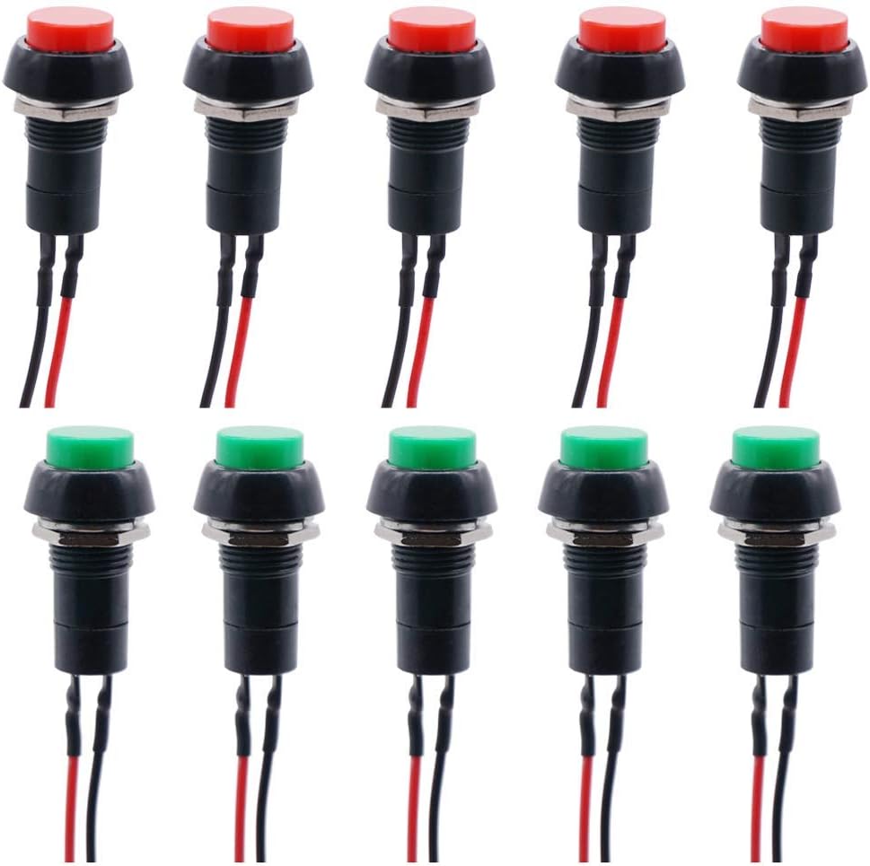 RUNCCI-YUN 12mm momentary switches,Round Push Button Switch,red Button,momentary Power Switch,Push Button Switch 12v, 3A 250V 2 Pin Mini switches,with Pre-soldered Wires (10pcs)