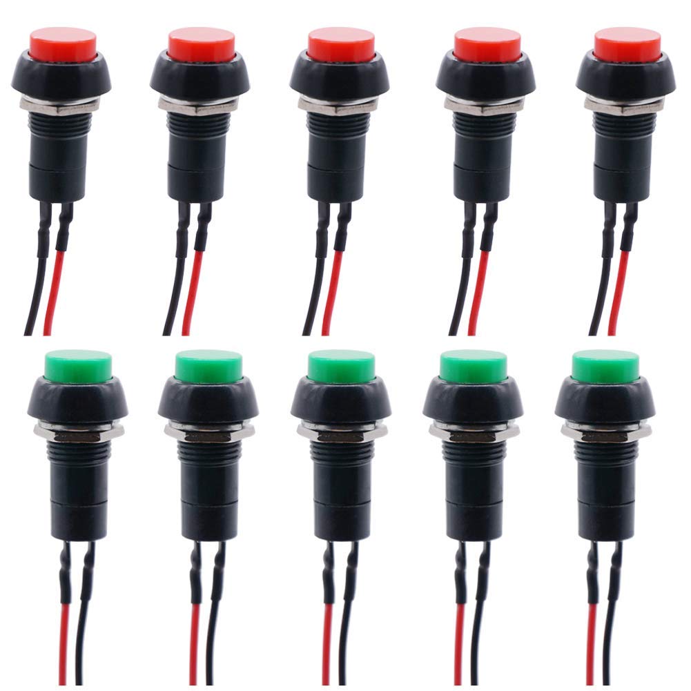 RUNCCI-YUN 12mm momentary switches,Round Push Button Switch,red Button,momentary Power Switch,Push Button Switch 12v, 3A 250V 2 Pin Mini switches,with Pre-soldered Wires (10pcs)