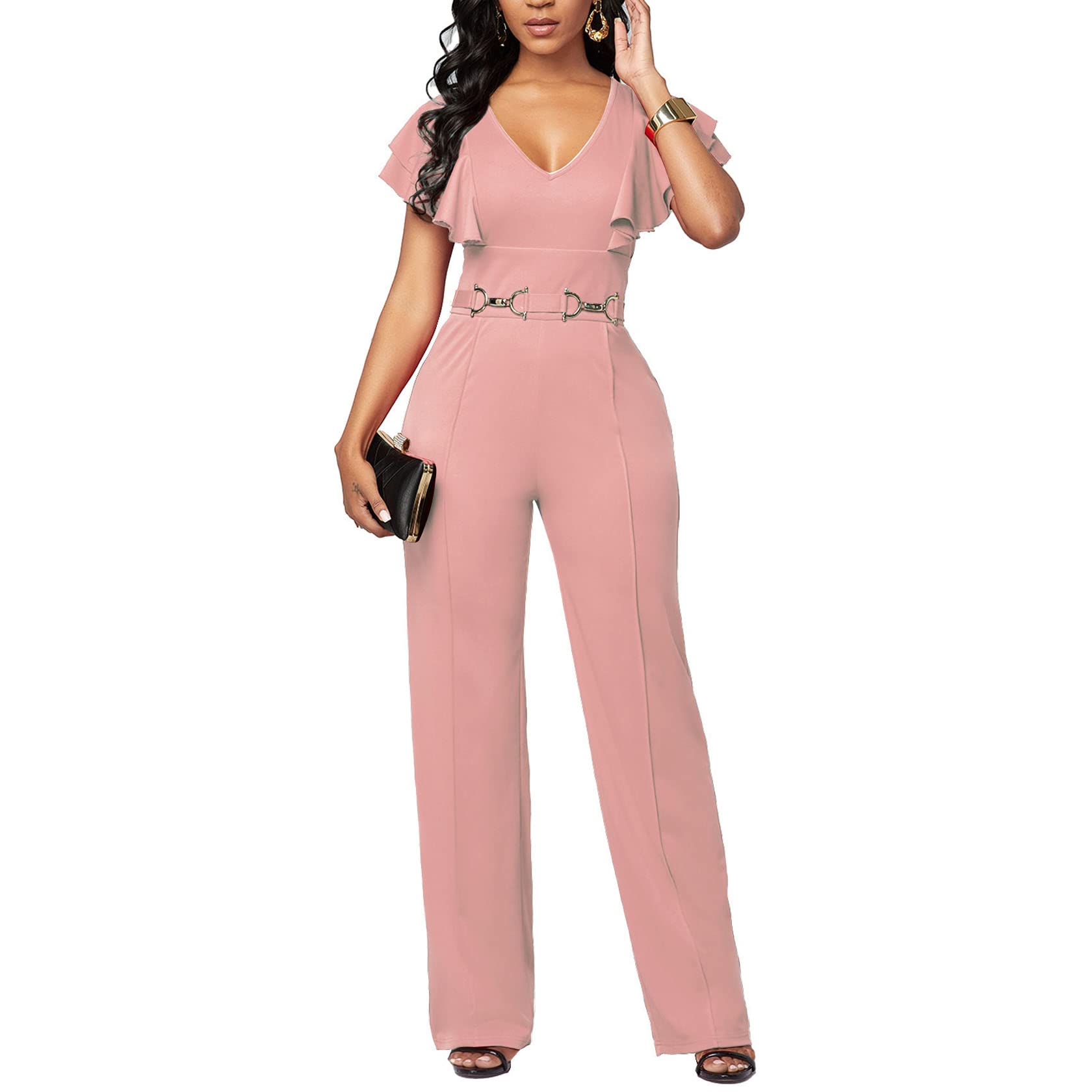 Women's VNeck Jumpsuit High Waist Short Sleeve Ruffled Loose Long Wide