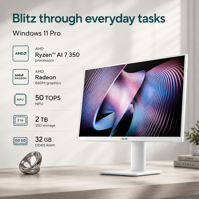 Image of ASUS All in One 27 inch FHD Touchscreen PC, Ryzen AI 7 350, 32GB DDR5, 2TB SSD | Copilot+ PC, 50 TOPS NPU, Anti-Glare, Radeon 860M, HDMI In /Out, Wi-Fi 6, Windows 11 Pro, Office 2021, KB & Mouse