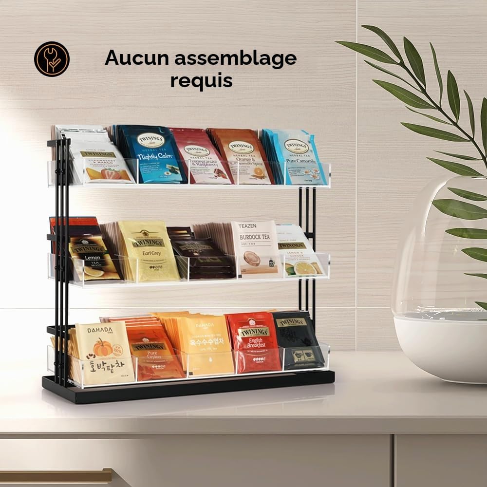 J JACKCUBE DESIGN Organiseur de sachets de thé en acier et acrylique à 3 niveaux, 15 compartiments pour sachets de thé, sachets de sucre, support de rangement pour armoire, comptoir, bureau (noir