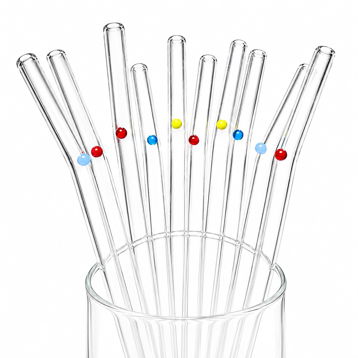 GET FRESH Reusable Glass Drinking Straws – 10pcs Borosilicate Transparent Bent Straws Set with Colourful Dot Charms for Cocktails & Drinks