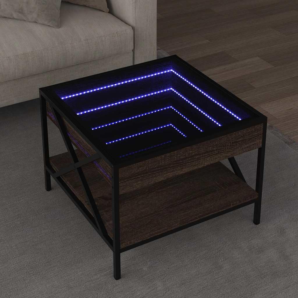 Stolik kawowy z diodami LED Infinity o wyglądzie brązowego dębu, 50 x 50 x 38 cm, materiał drewnopochodny z metalowymi nóżkami, uniwersalny stolik pomocniczy i stolik do odkładania do salonu