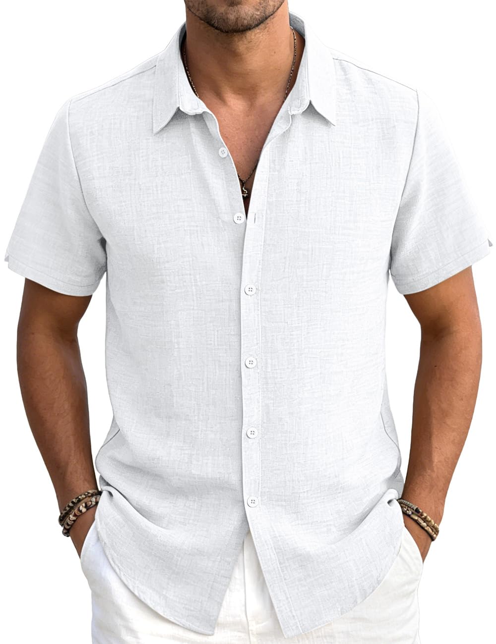 Men's Linen Shirts Casual Lightweight Button Down Shirt Beach Vacation Summer Tops Short…
