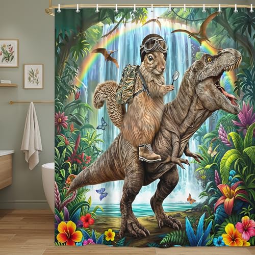 Image of Funny Squirrel Riding Dinosaur Shower Curtain, Tropical Jungle Rainforest Safari Animal Bathroom Curtain for Kids Boys Men, Waterproof Fabric Bath Curtain with 12 Hooks, 60X70 Inches