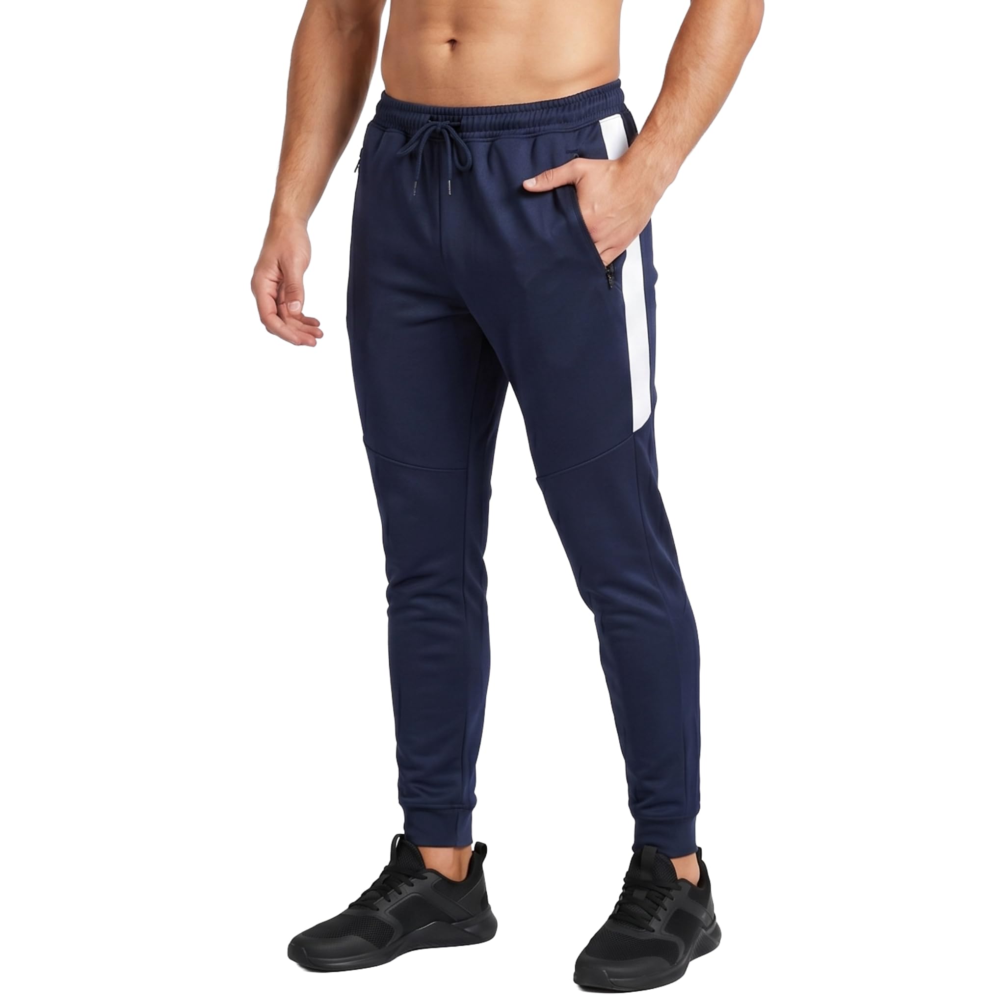 SixSigma Sports Mens Tracksuit Bottoms Gym Slim Fit Trousers - Quick Dry Mens Joggers Bottoms for Running, Casual, Gym & Sports Trousers for Men Activewear (Large, Navy with White Stripe)