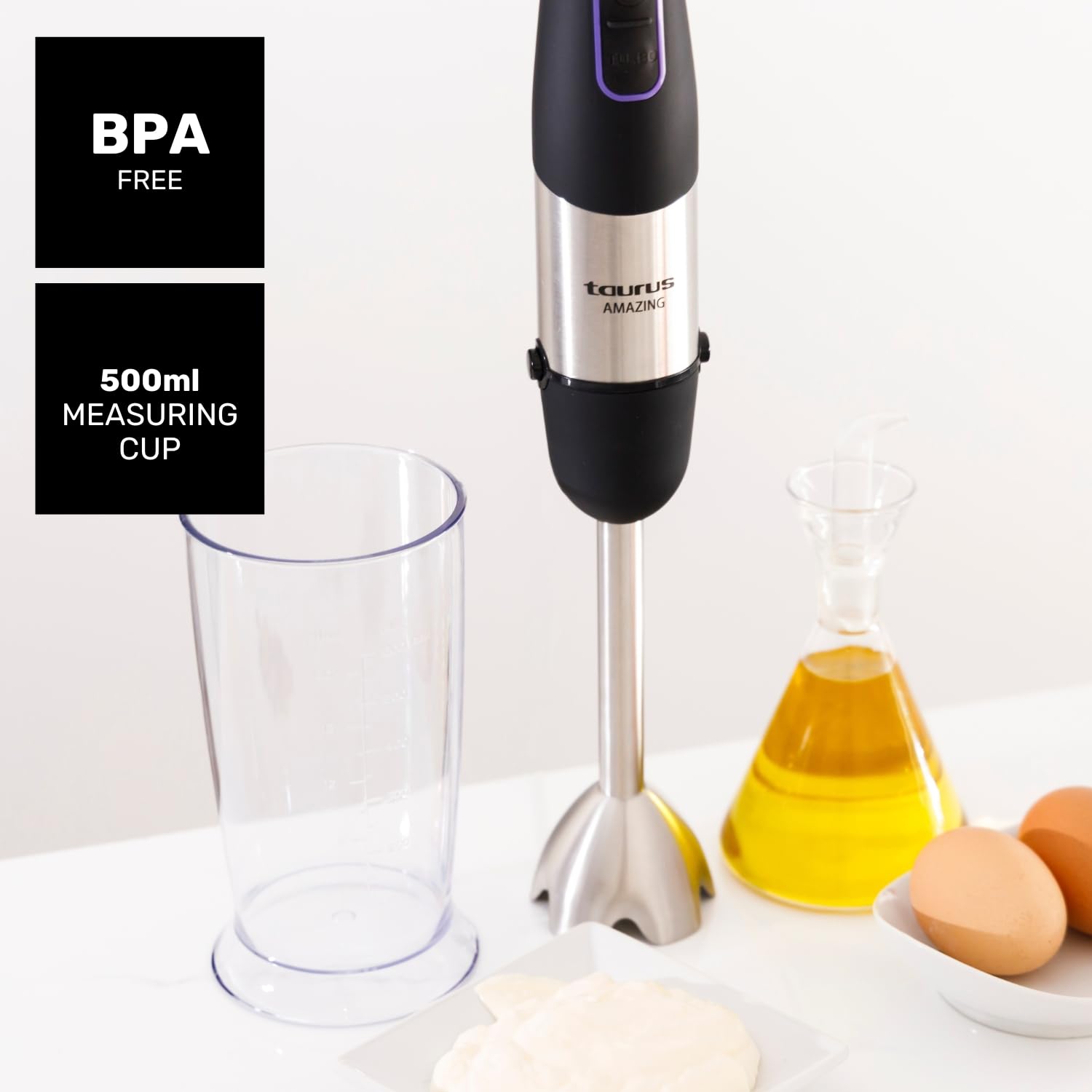 Taurus Blender ręczny 1000W | 20 poziomów prędkości | funkcja turbo | 4 ostrza ze stali nierdzewnej | ergonomiczna konstrukcja miękka w dotyku | ochrona przed zachlapaniem | akcesoria | stal nierdzewna | elektryczny | plastik, srebrny/czarny
