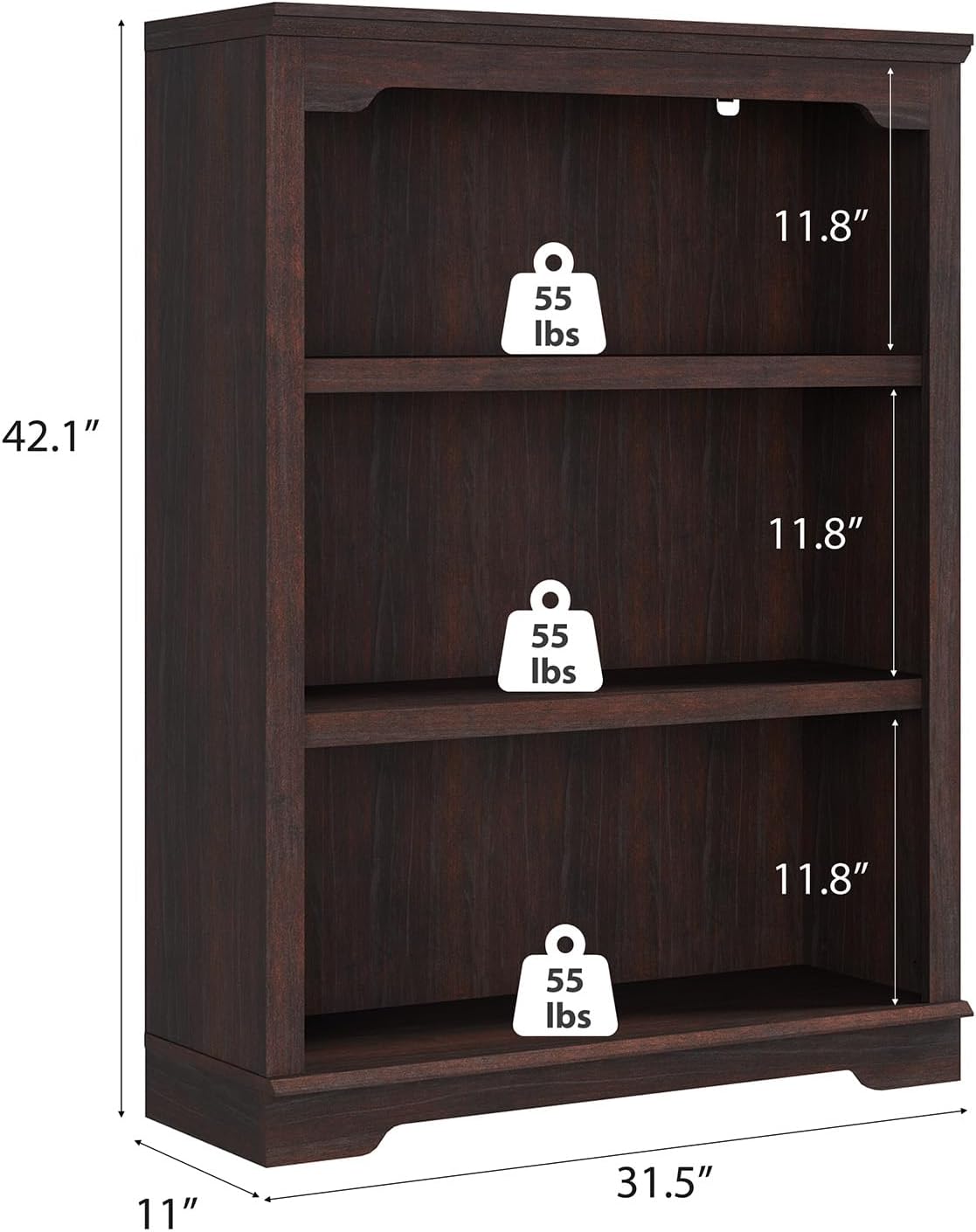 HIFYOBRO 3 Tier Bookshelf and Bookcase, 31.5" Wide Wooden Book Shelf, Freestanding Qpen Display Storage Bookshelves for Study Room, Home Office, Living Room(Chery) - Image 2